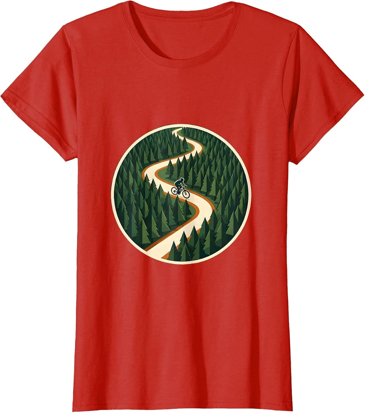 Aerial Forest Cyclist Winding Path Bike Design T-Shirt - Red