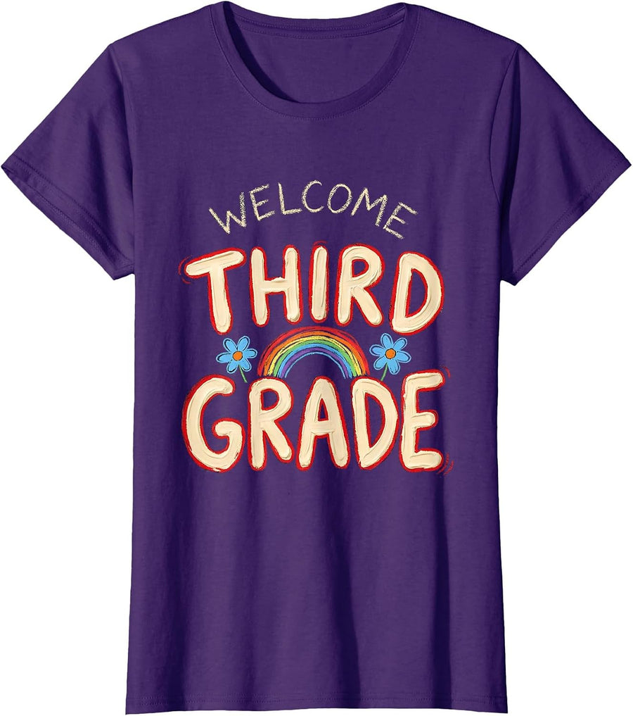 Women's Welcome, Third Grade Naive Kidcore Back To School Teachers T-Shirt - Purple