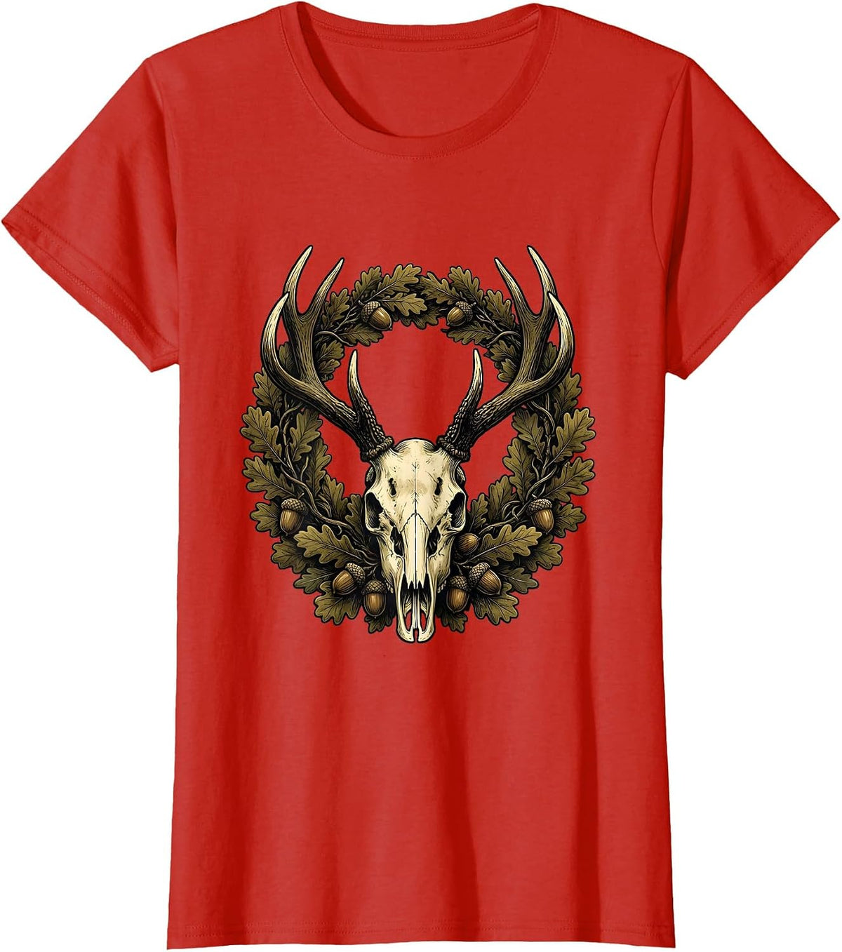 Women's Bottomland Camo Whitetail Deer Skull Antlers T-Shirt - Red