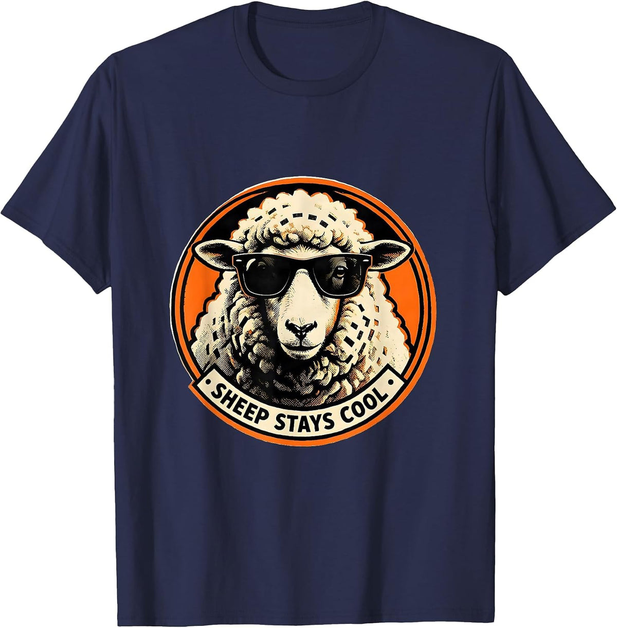 Sheep Stays Cool Funny Animal Lover Novelty Screenprint T-Shirt - Navy Blue