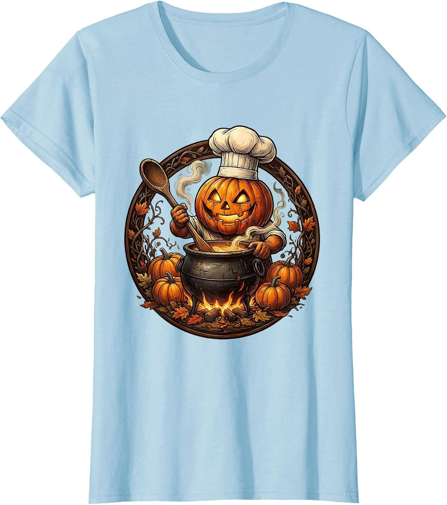 Women's Pumpkin Man Chef Cooking Funny Halloween Design T-Shirt - Baby Blue
