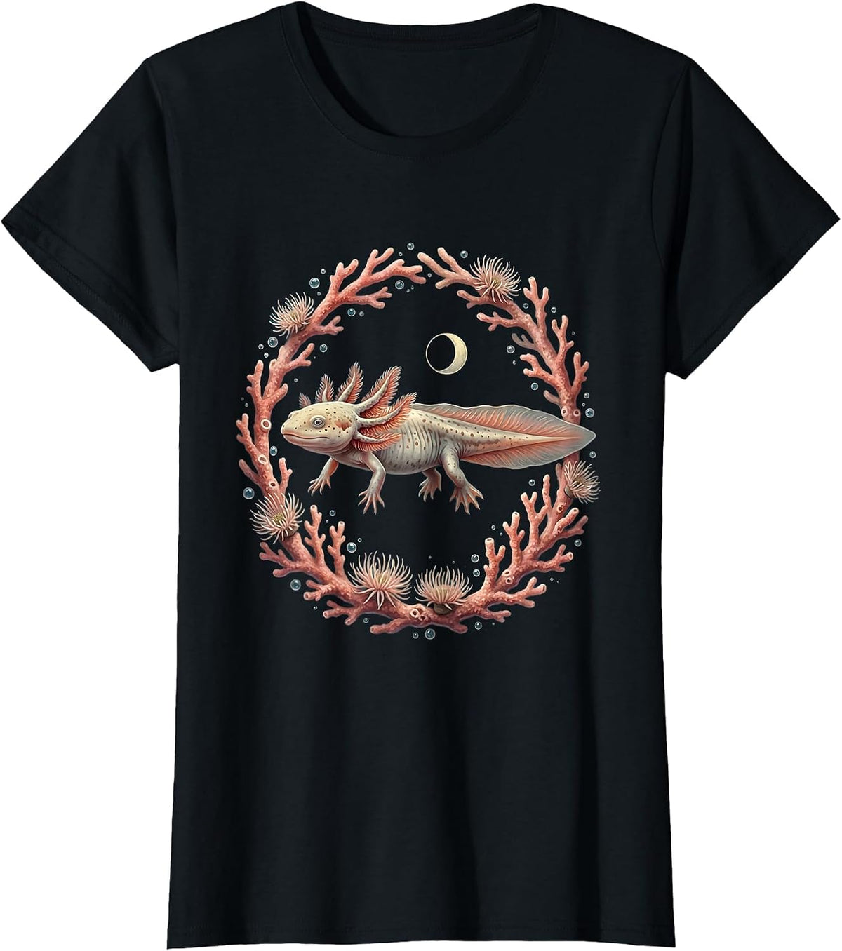 Axolotl Swimming Through Colorful Coral Reef T-Shirt - Black