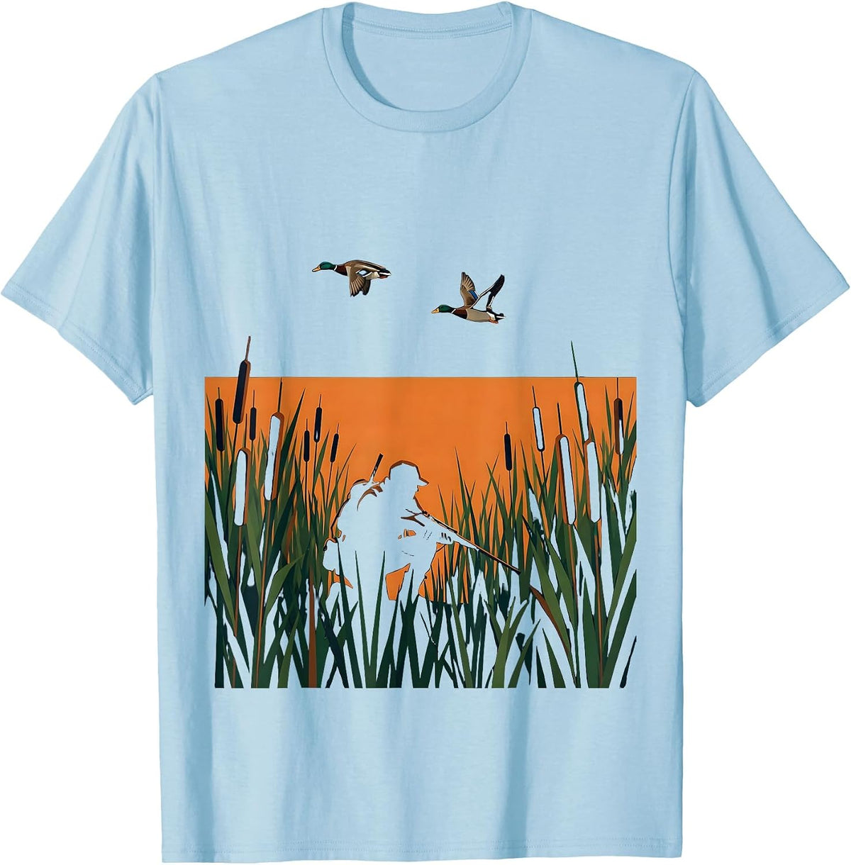 Men's Duck Hunter in the Reeds Hunting Illustration T-Shirt - Baby Blue