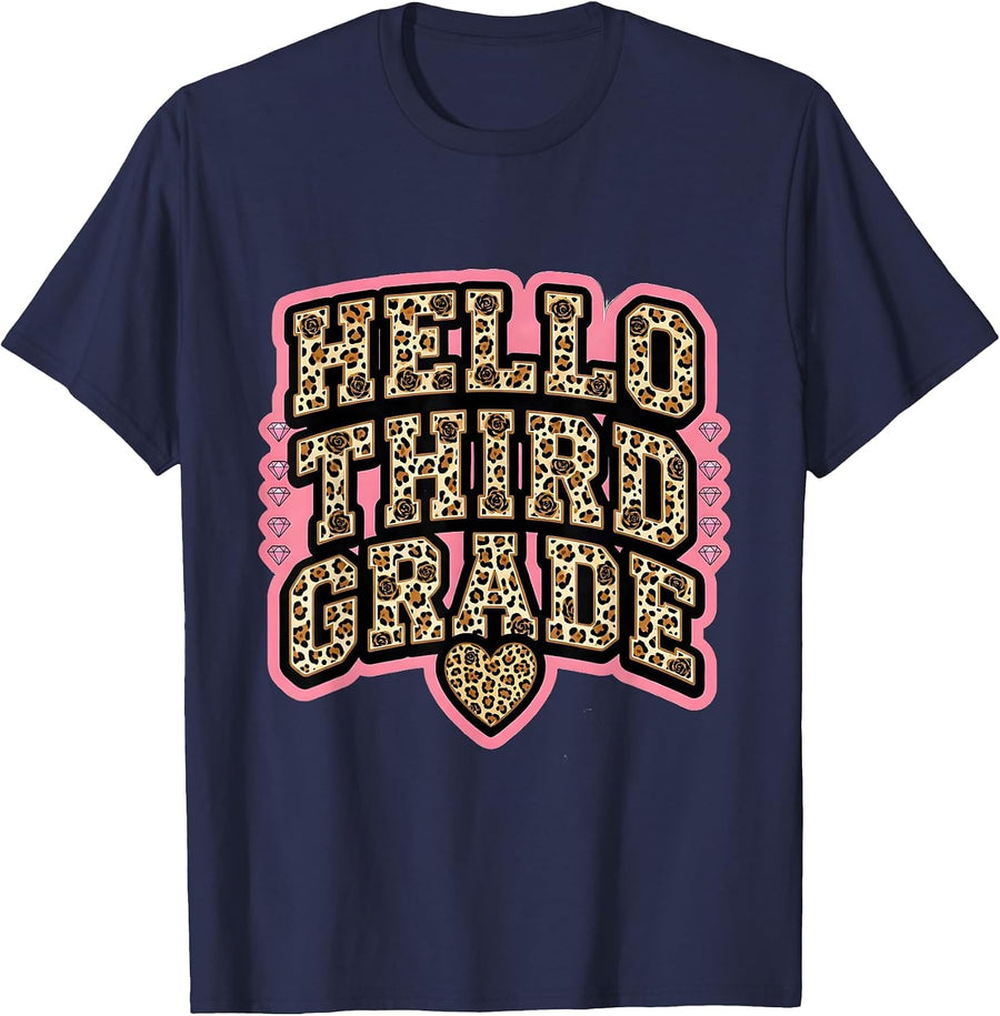 Hello Third Grade Sparkle Varsity Leopard Teacher Back T-Shirt - Navy Blue