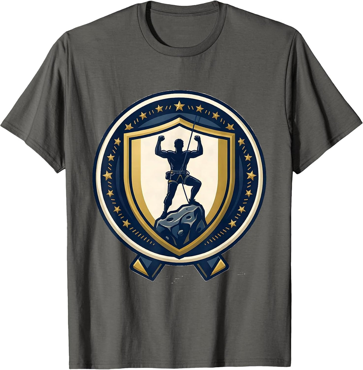 Climbing Crest Emblem Rock Climber Bouldering Humor T-Shirt - Asphalt Grey