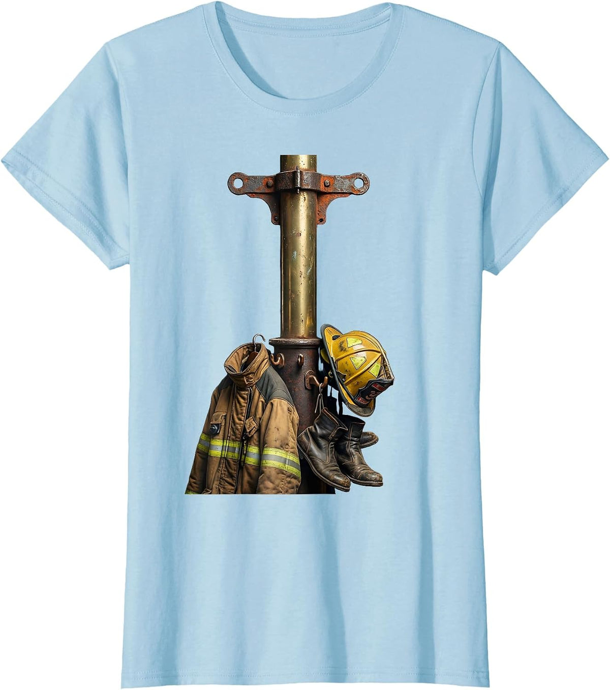 Firehouse Pole with Gear Firefighter Graphic T-Shirt - Baby Blue