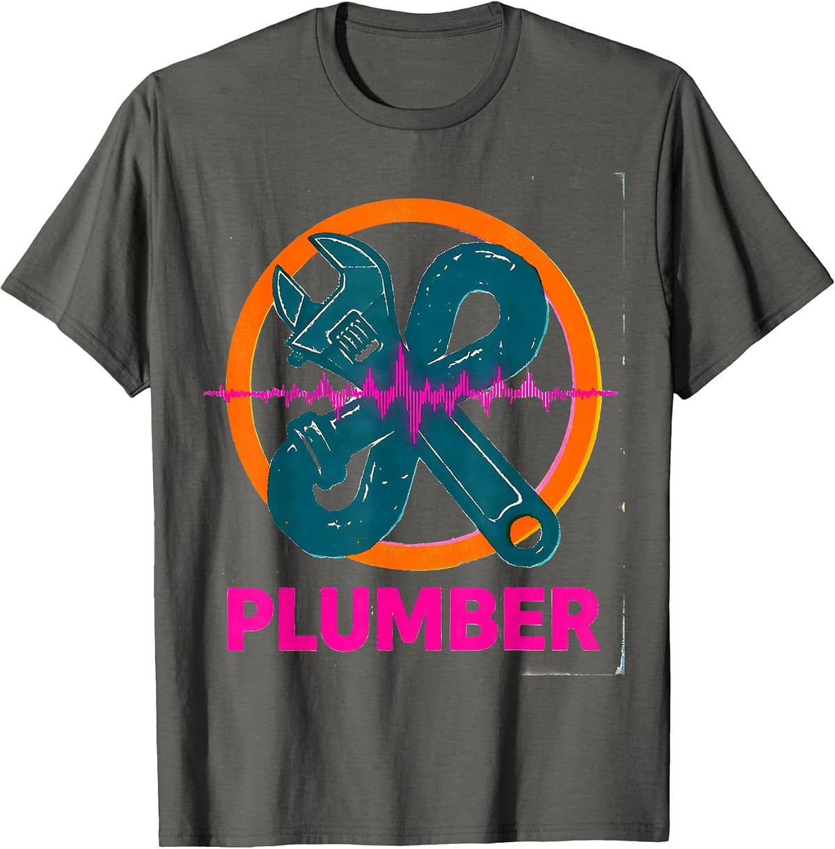Men's Plumber Risograph Heartbeat Pulse Line Profession Identity T-Shirt - Asphalt Grey