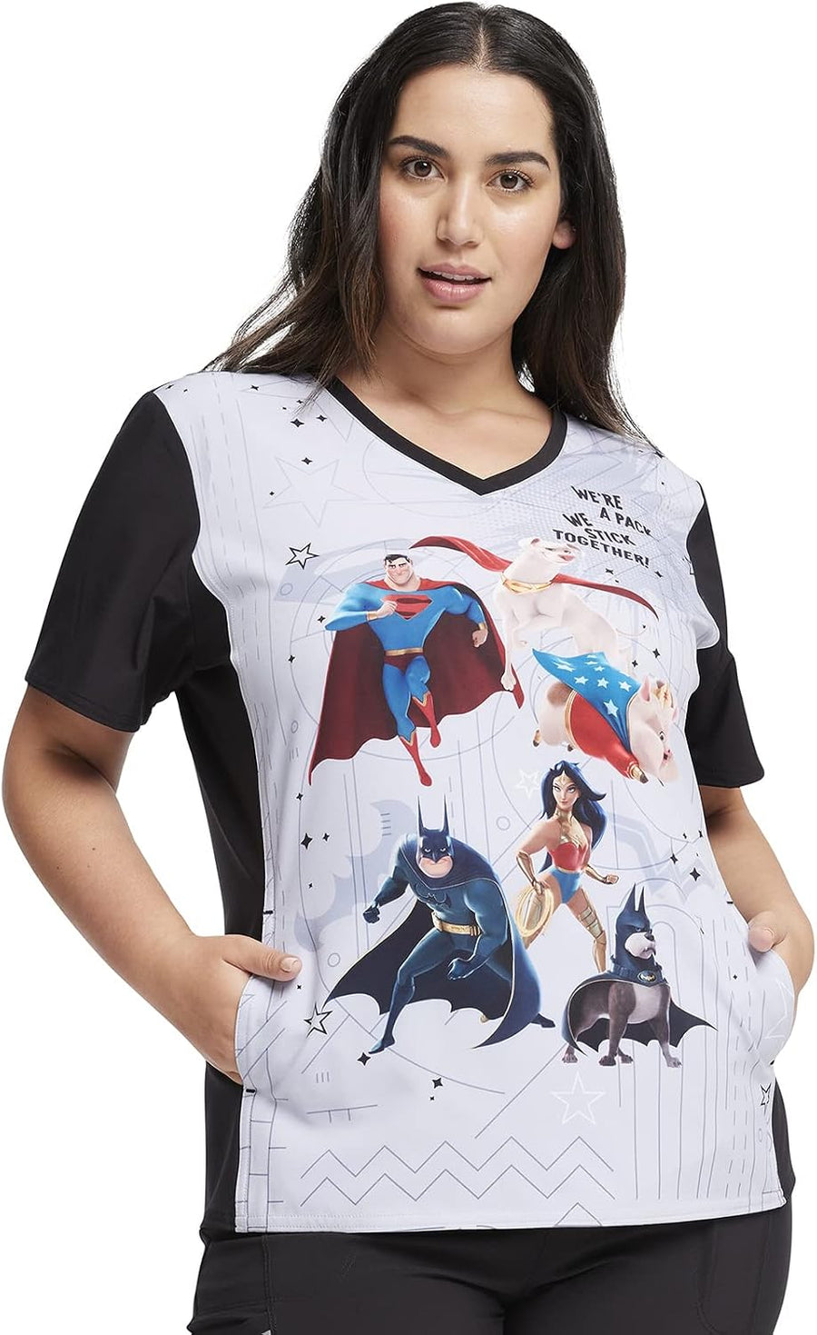 Tooniforms Women's V-Neck Short Sleeve Print Scrub Top XS - Wild Things, Ideal for Pediatric Professionals - Super-pets