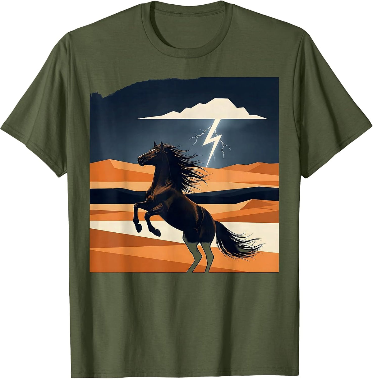 Wild Horse Lightning Storm Western Graphic T-Shirt - Olive Green