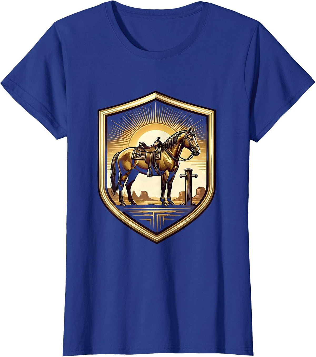 Women's Black Cowboy Saddled Horse Desert Saloon Dusk T-Shirt - Royal Blue