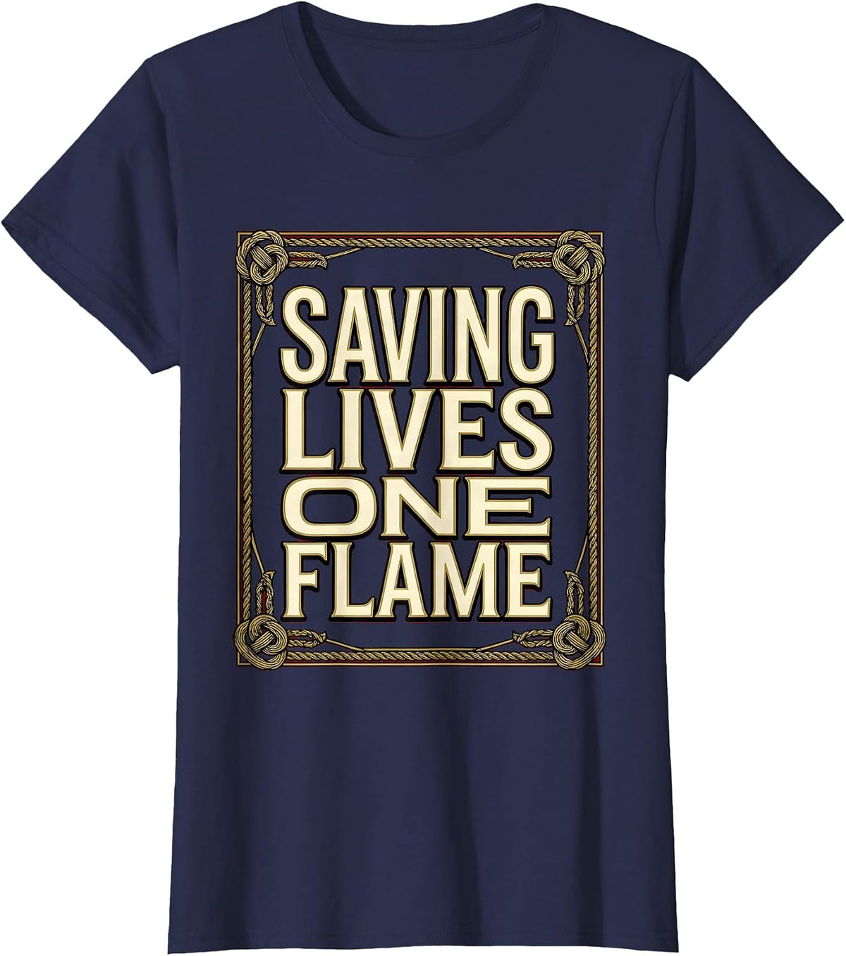 Women's Saving Lives One Flame Firefighter Design T-Shirt - Navy Blue
