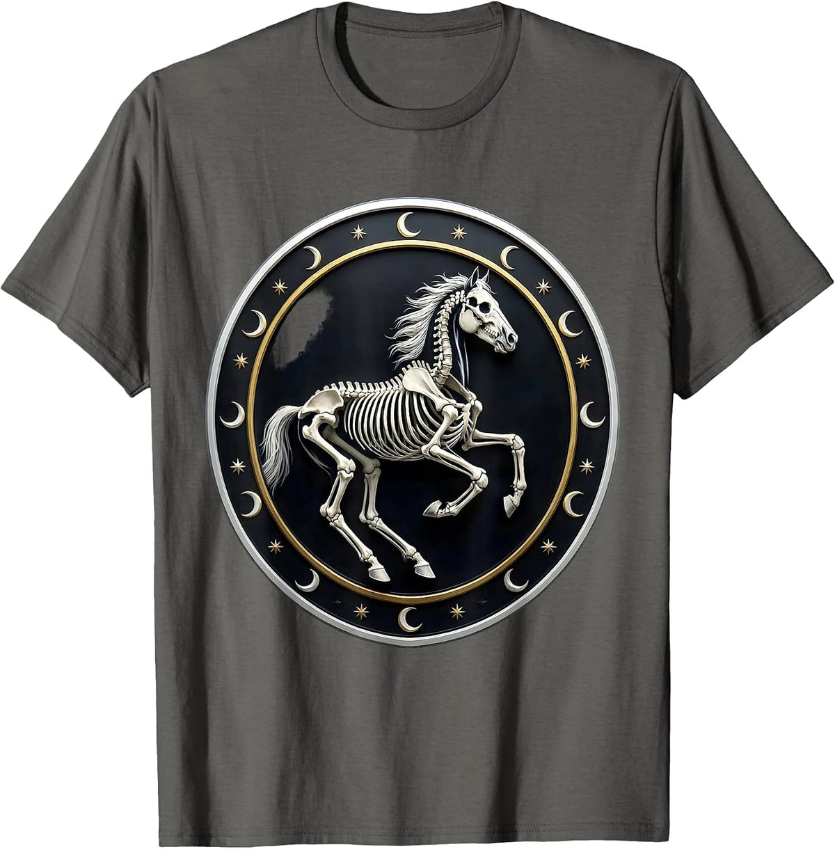 Skeleton Horse Galloping Night Scene Graphic T-Shirt - Asphalt Grey
