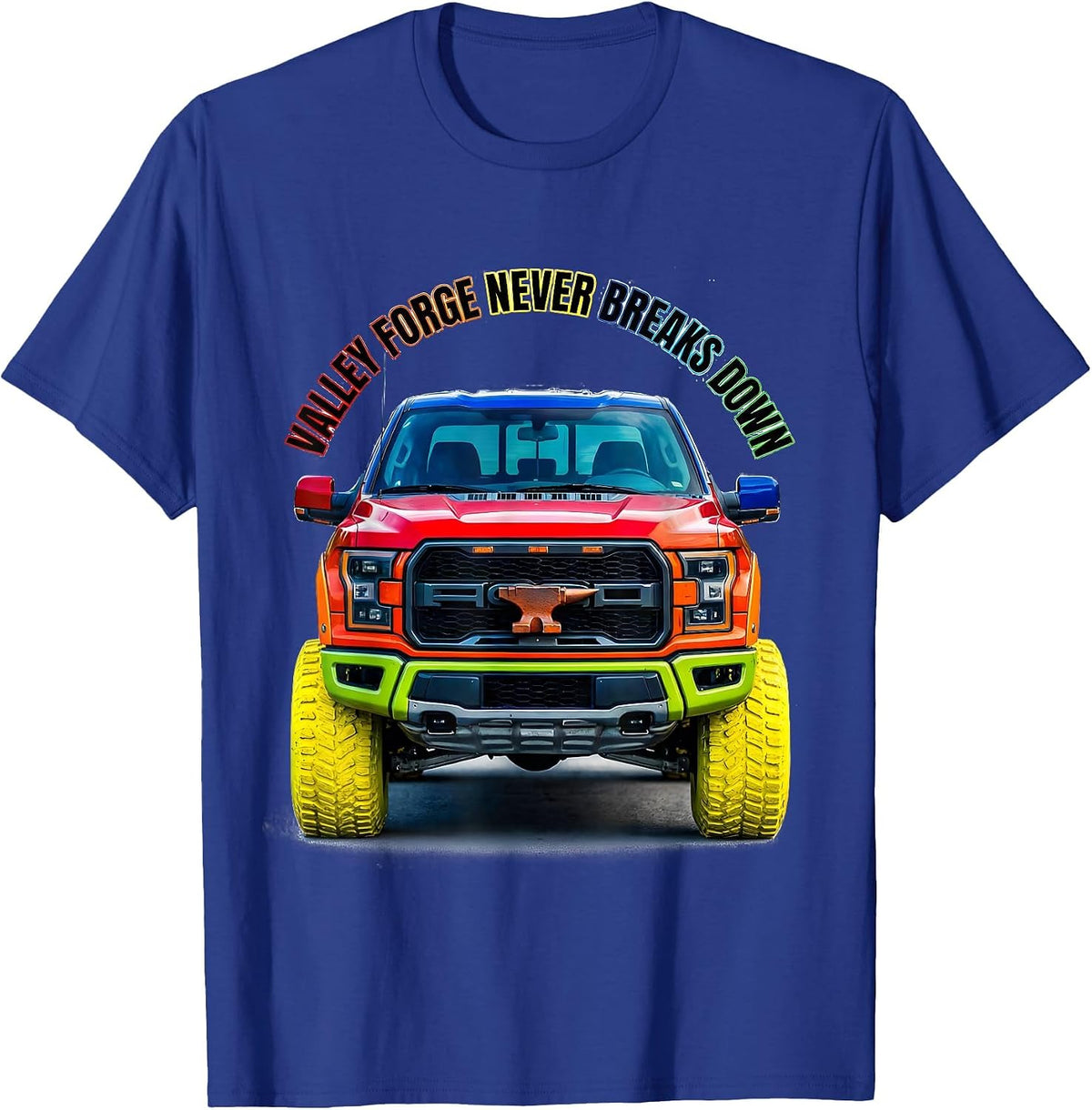Valley Forge Never Breaks Down Automotive Design T-Shirt - Royal Blue