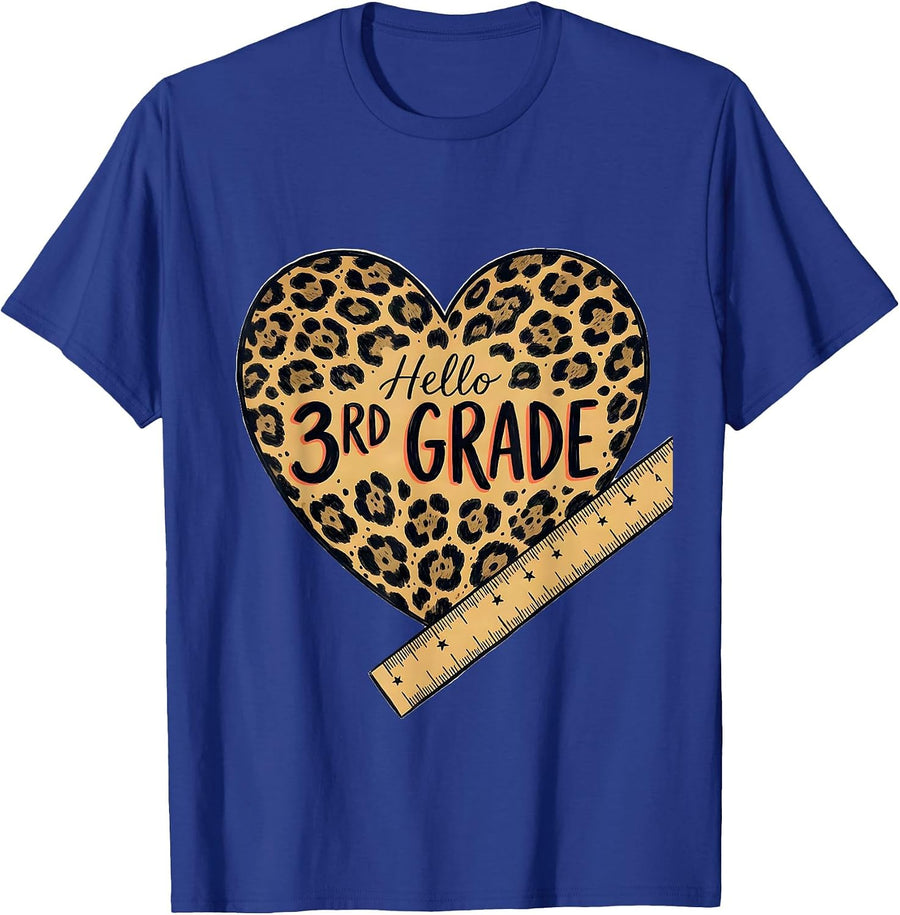 Hello 3rd Grade Leopard Heart Back To School Girls Teachers T-Shirt - Royal Blue