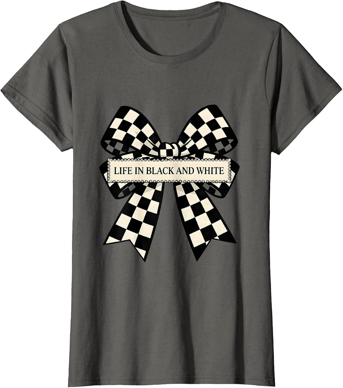 Women's Life in Black and White Checkered Design T-Shirt - Asphalt Grey