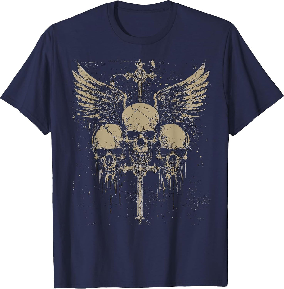 Skull Cross Y2K Grunge Aesthetic Old Goth Skull Cross Gothic T-Shirt - Navy Blue