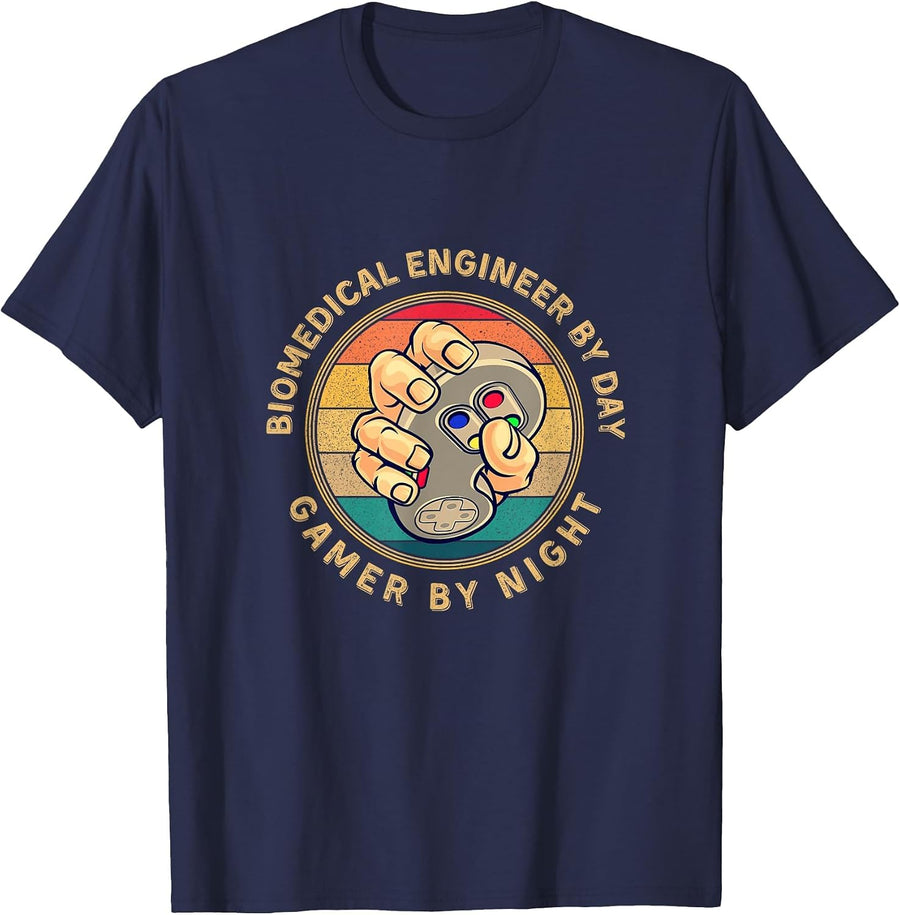 Biomedical Engineer By Day Gamer By Night Retro Gamer Design T-Shirt - Navy Blue