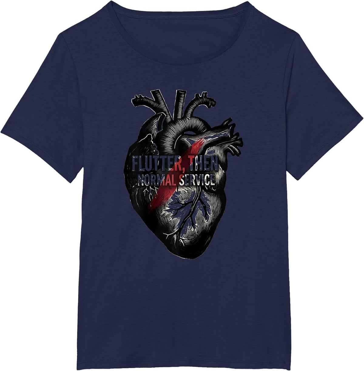 Women's Flutter, Then Normal Service Linocut Cardiology Humor T-Shirt - Navy Blue