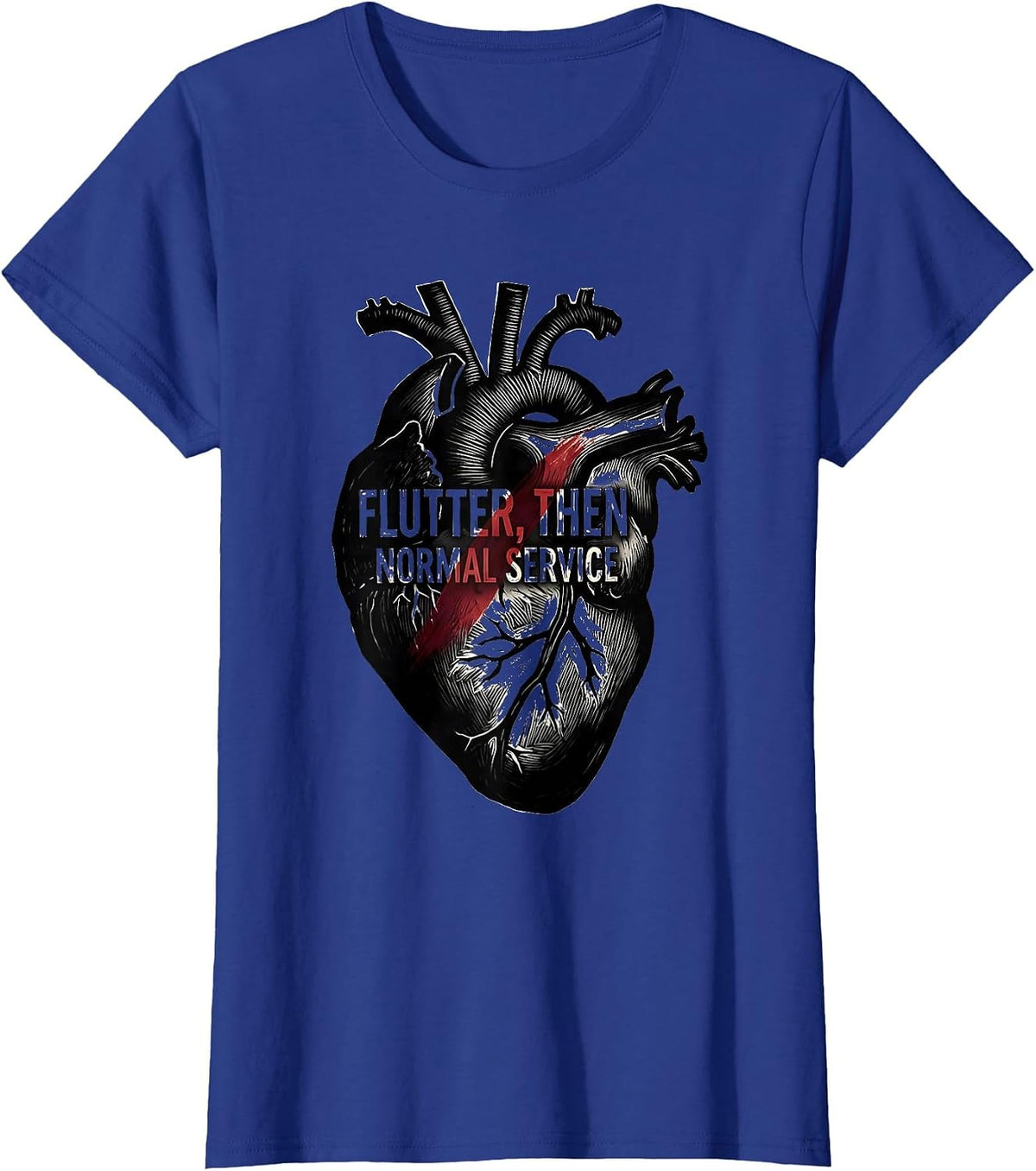 Women's Flutter, Then Normal Service Linocut Cardiology Humor T-Shirt - Royal Blue