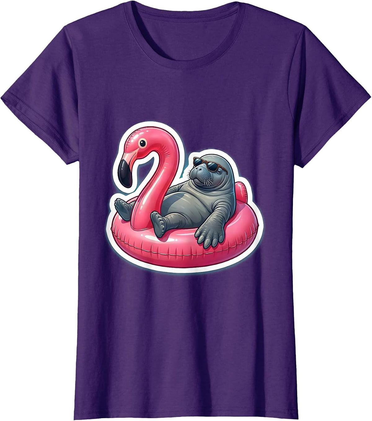 Manatee on Flamingo Float Funny Lounging Design T-Shirt - Purple