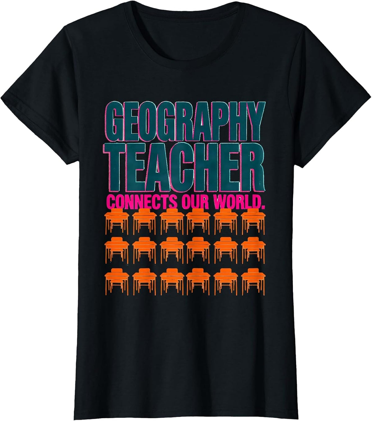 Geography Teacher Connects Our World Risograph Humor Teacher T-Shirt - Black