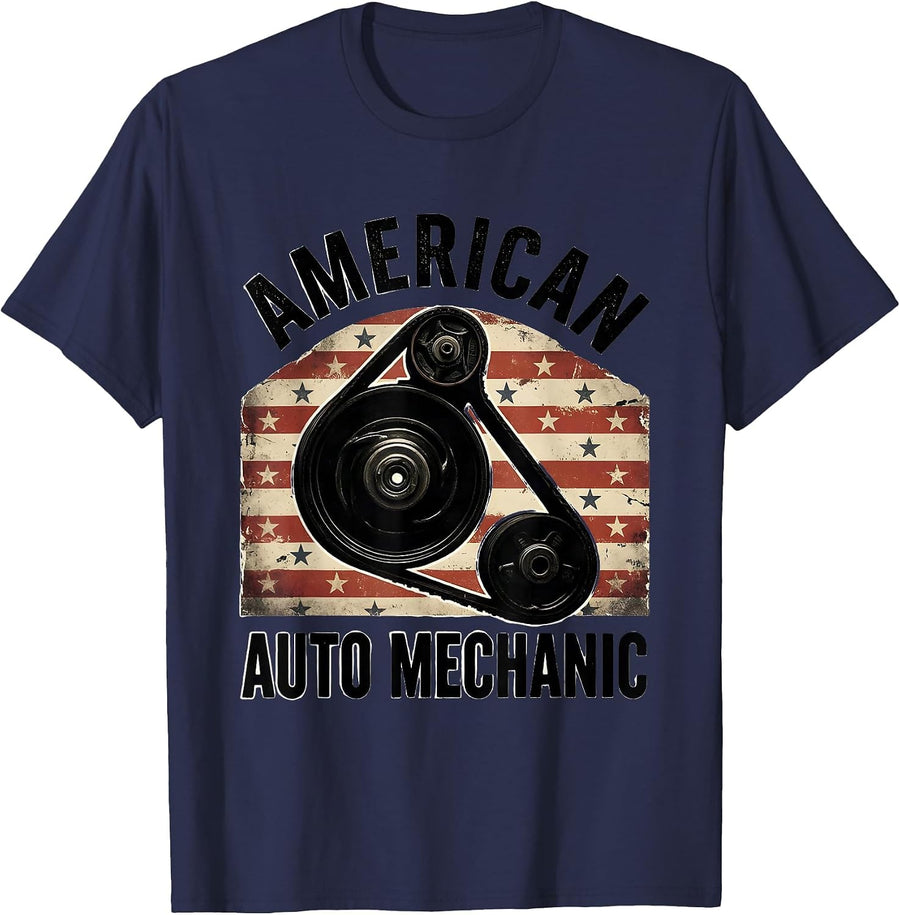 American Auto Mechanic Patriotic Mechanic Gift for Tradesmen T-Shirt - Navy Blue