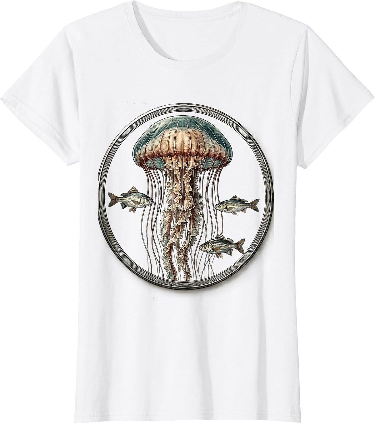 Glowing Jellyfish and Tiny Fish Ocean Design T-Shirt - White