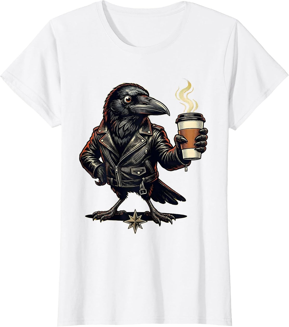 Women's Cool Crow in Leather Jacket Sipping Black Coffee T-Shirt - White