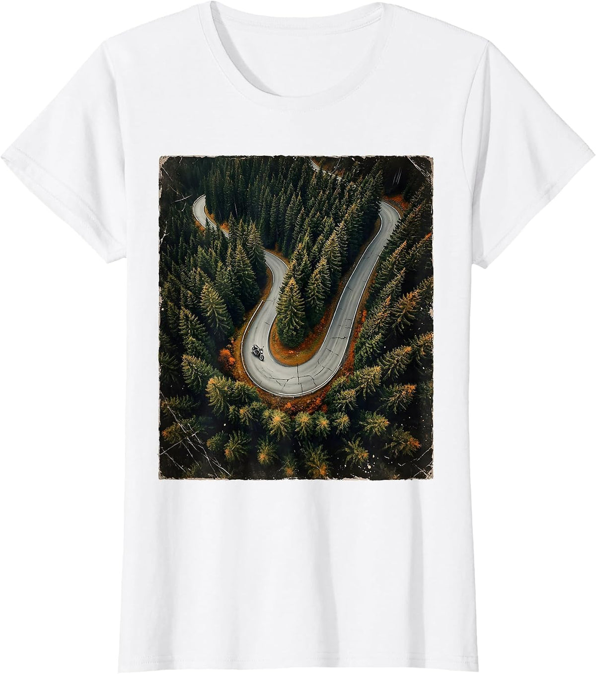 Mountain Road Pine Forest Aerial Motorcycle Tee T-Shirt - White