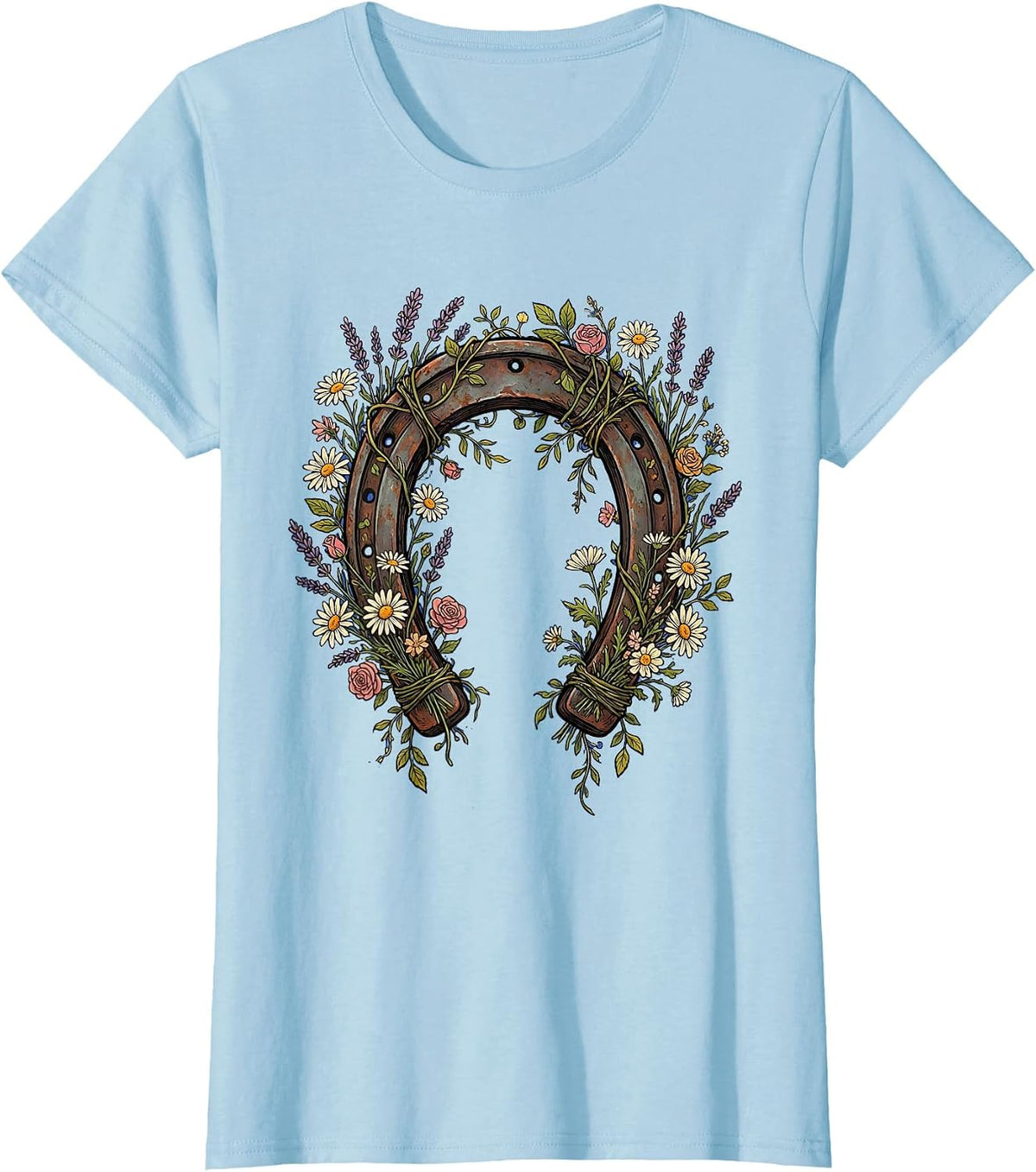 Horseshoe Wildflower Garland Cowgirl Design T-Shirt - Baby Blue