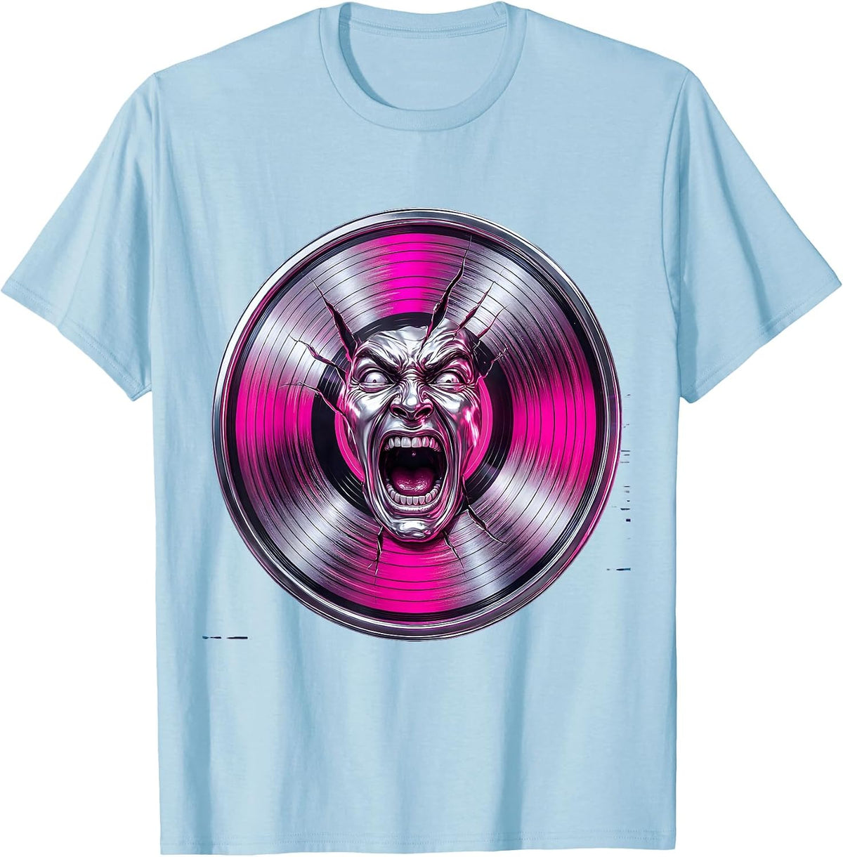 80s Rock Screaming Face Vinyl Record Groove Art T-Shirt - Baby Blue