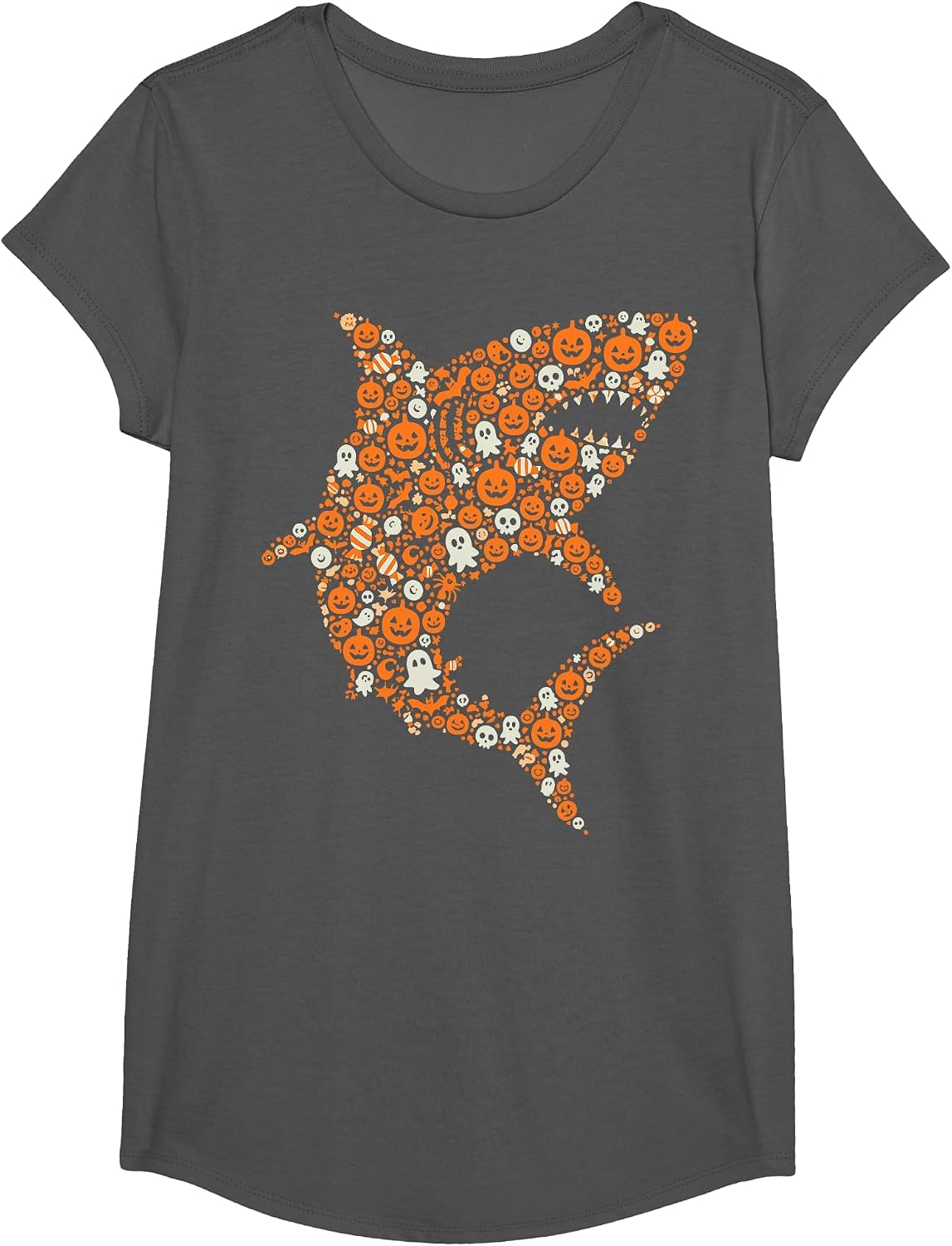 Halloween Sharks Lover Pumpkin Ghost Shark T-Shirt - Girls Asphalt Grey