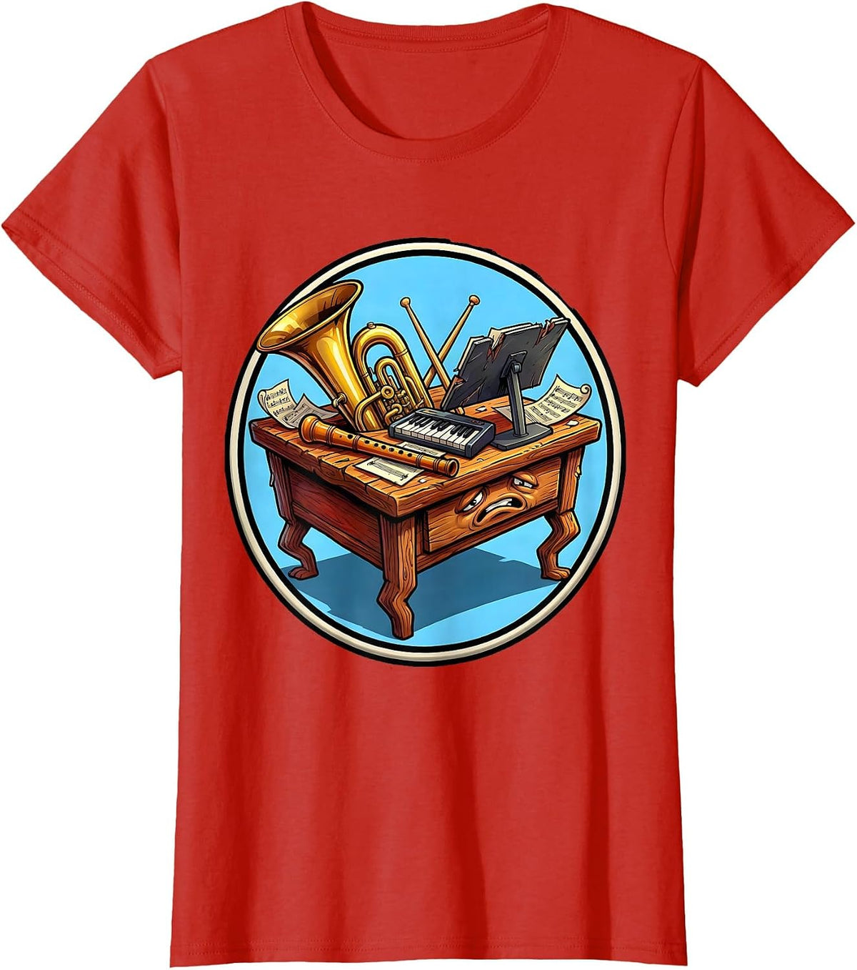 Music Teacher Worn Desk Instruments Graphic T-Shirt - Red