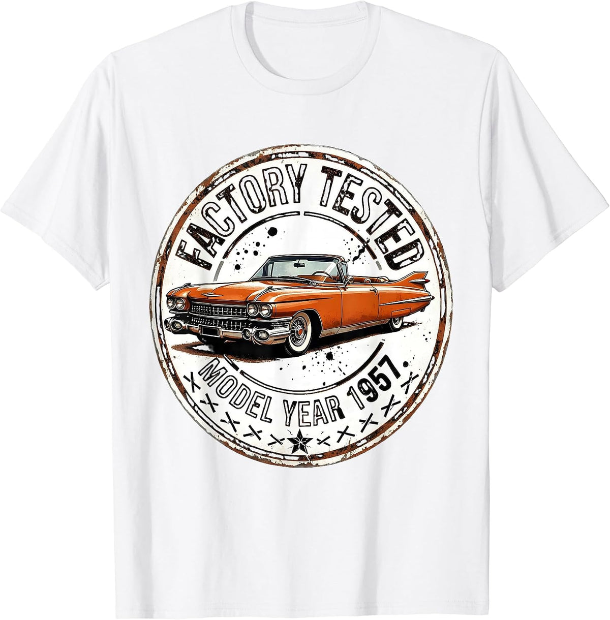 Men's Factory Tested Model Year 1957 Distressed Classic Car T-Shirt - White
