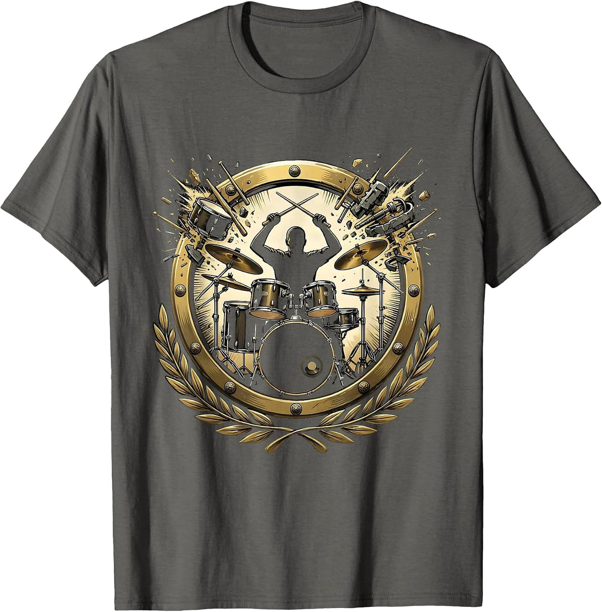 Men's Exploding Drum Kit Rock Band Drummer Illustration T-Shirt - Asphalt Grey