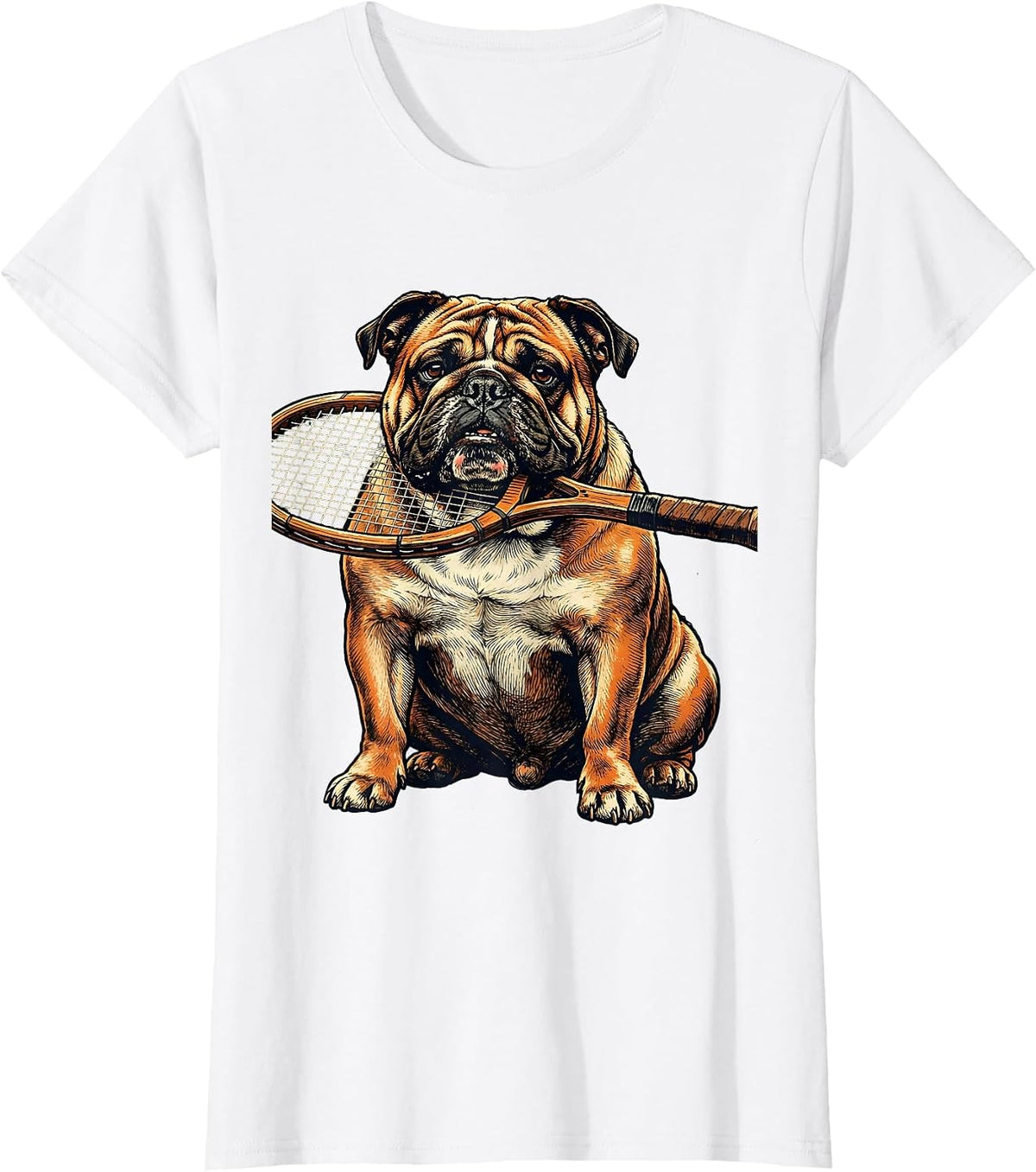 Bulldog Tennis Player with Racket Graphic Tee T-Shirt - White