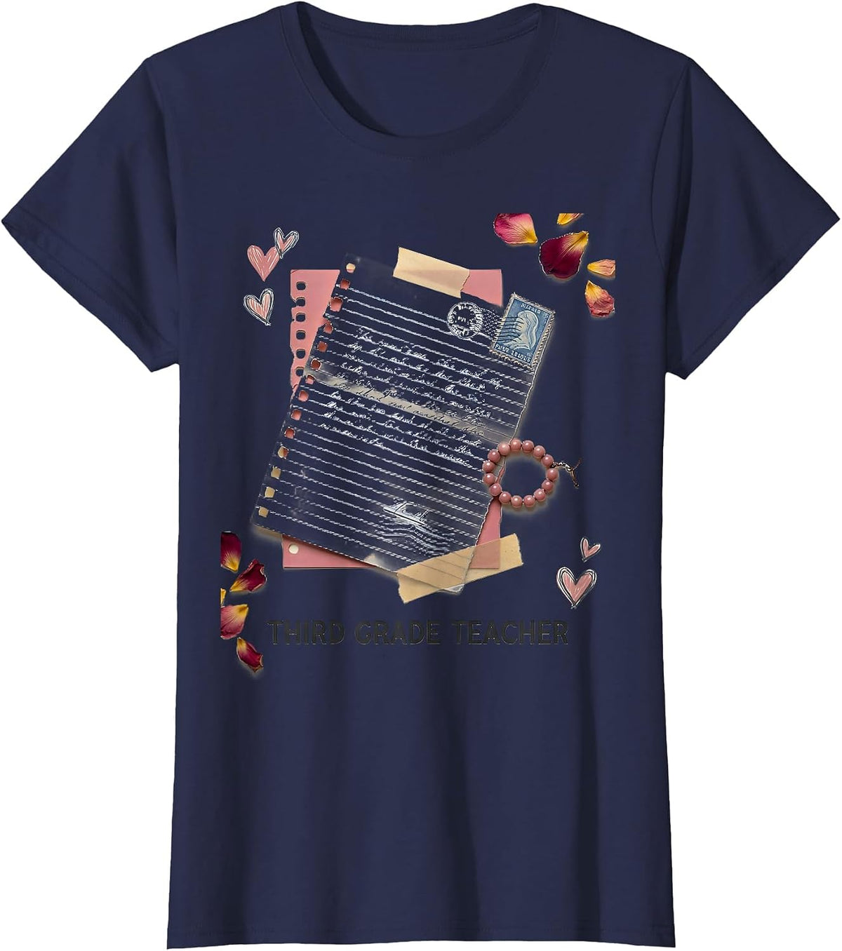 Women's Third Grade Teacher Back to School Blue Bow Coquette T-Shirt - Navy Blue
