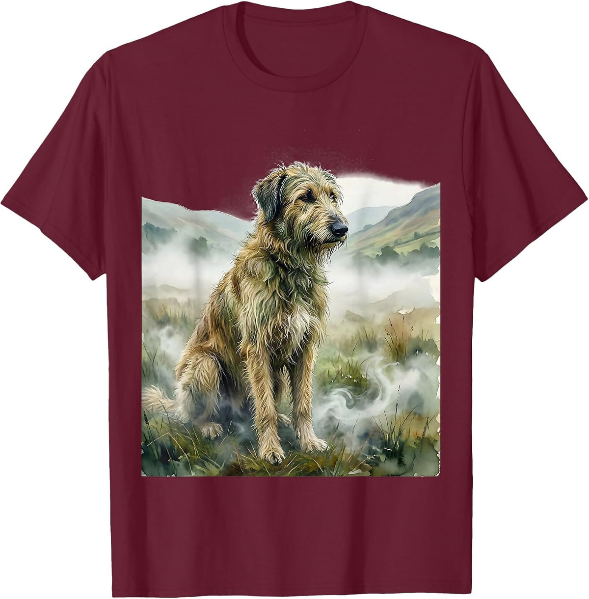Irish Wolfhound Sitting in Misty Field Illustration T-Shirt - Burgundy