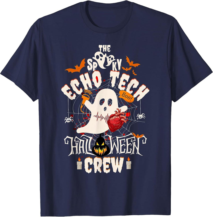 Spooky Echo Tech Halloween Crew Cardiac Sonographer Ghost T-Shirt - Navy Blue