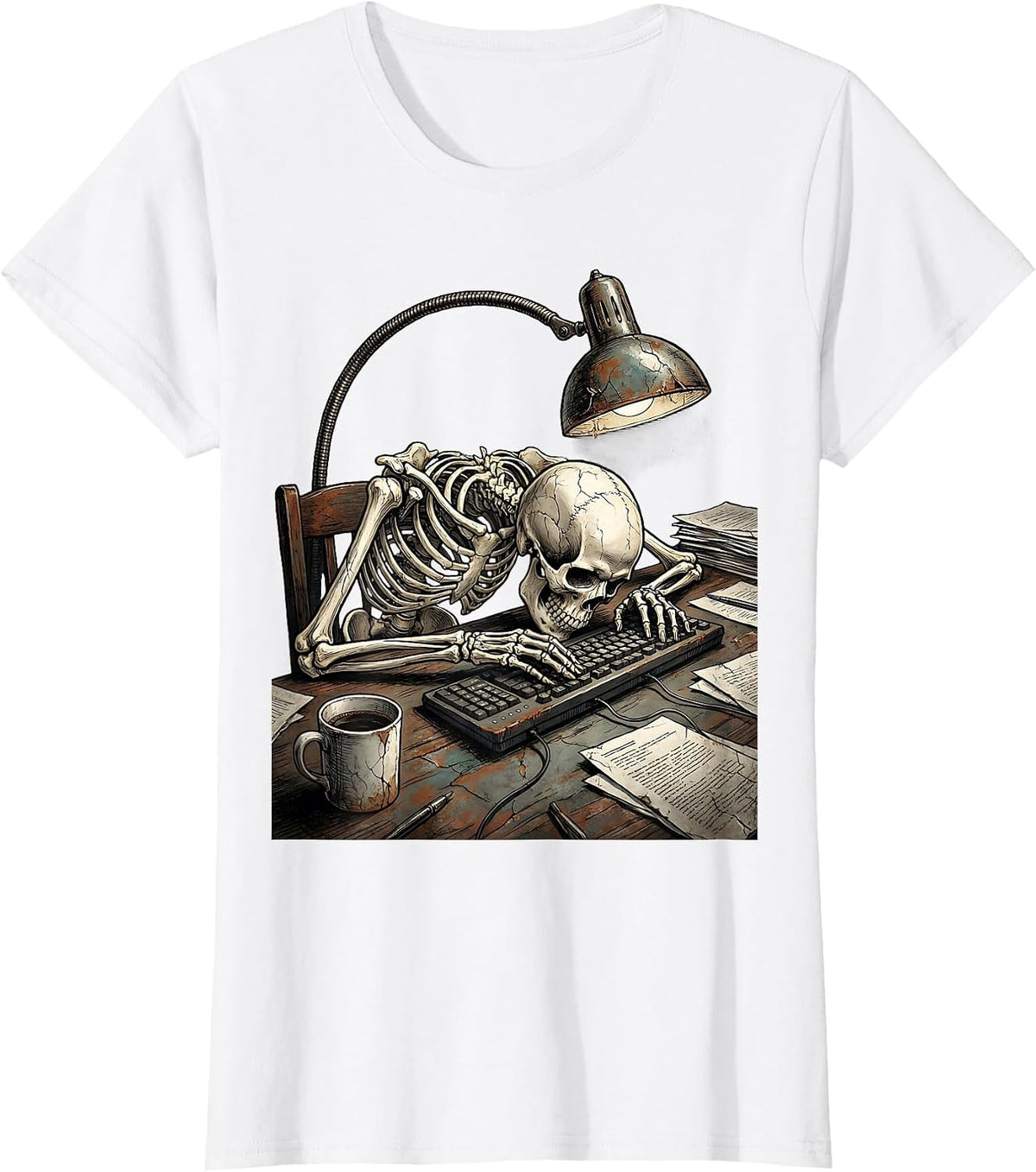 Skeleton Office Worker Slumped Over Keyboard T-Shirt - White