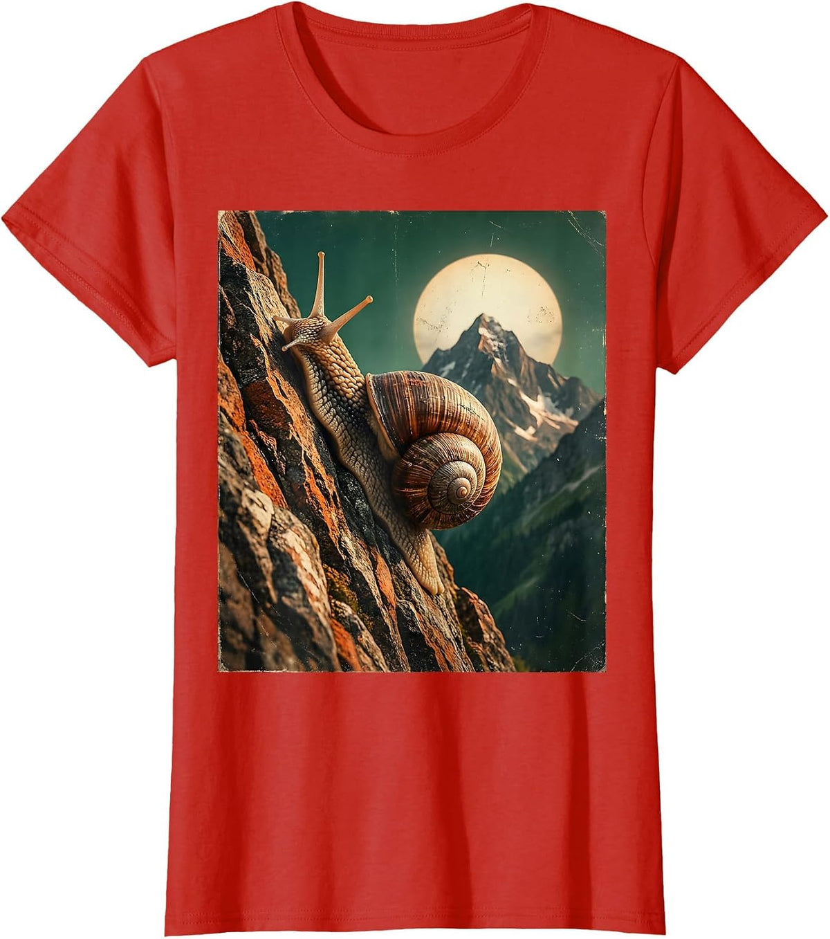 Snail Climbing Steep Mountain Funny Graphic T-Shirt - Red