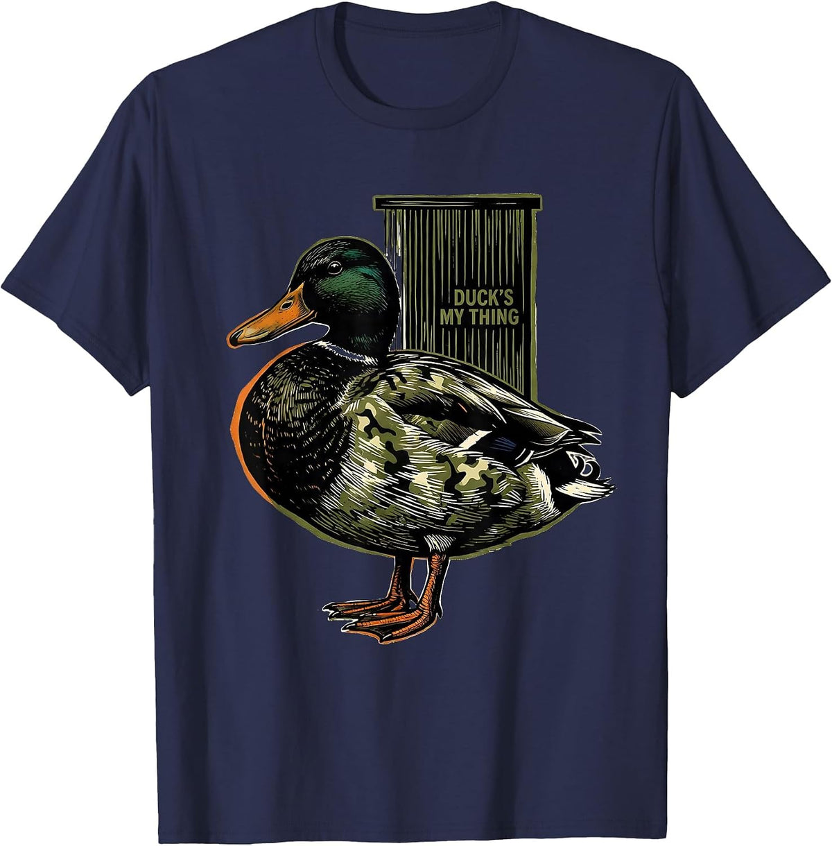 Duck's My Thing Linocut Funny Duck Hunting Camo Gift T-Shirt - Navy Blue