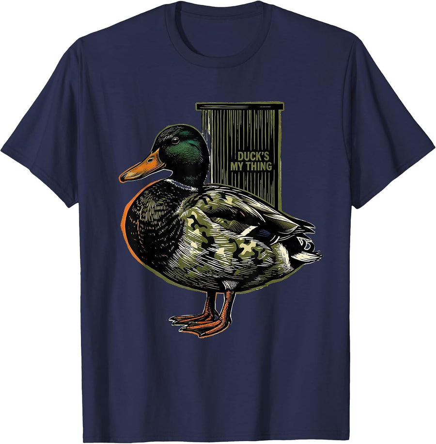 Duck's My Thing Linocut Funny Duck Hunting Camo Gift T-Shirt - Navy Blue
