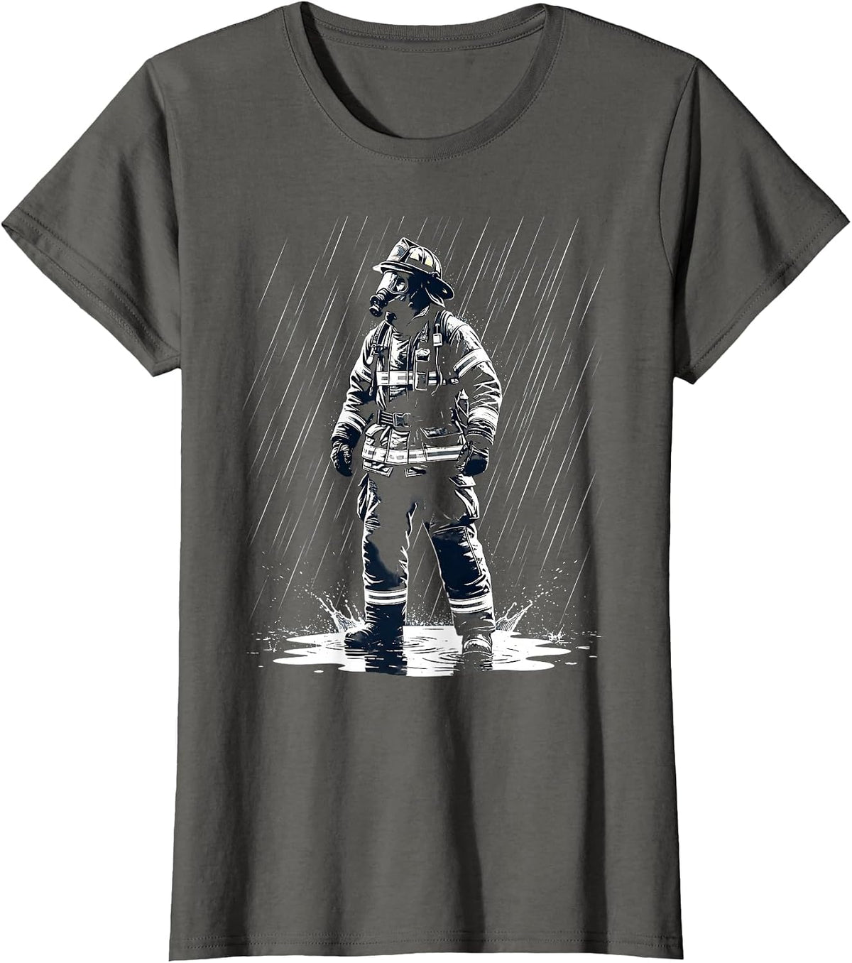 Women's Firefighter in Full Gear Standing in Heavy Rain T-Shirt - Asphalt Grey