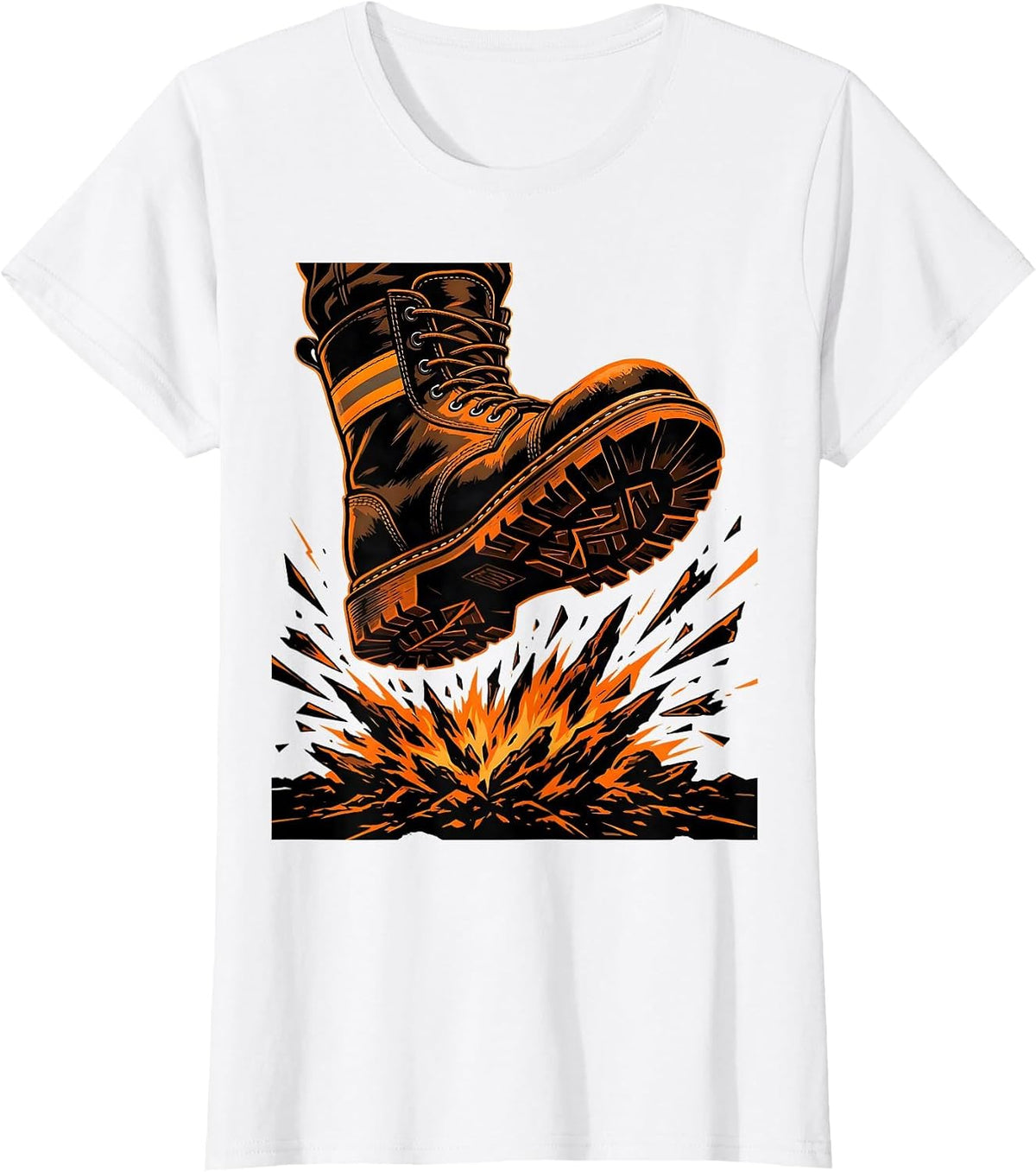 Women's Firefighter Boot Stomping Embers Graphic Tee T-Shirt - White