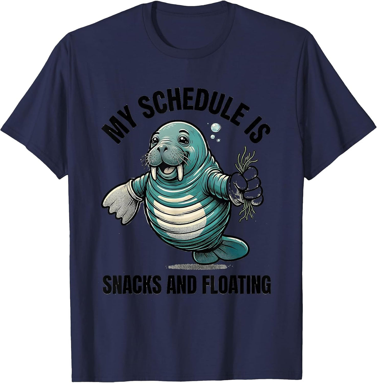 Men's My Schedule Is Snacks And Floating Funny Manatee Sea Animal T-Shirt - Navy Blue