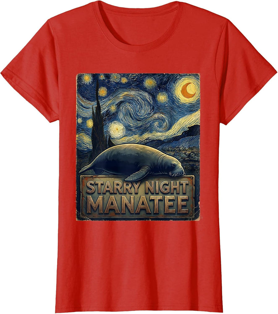 Women's Starry Night Manatee Vintage Art Animal Lover Gift T-Shirt - Red