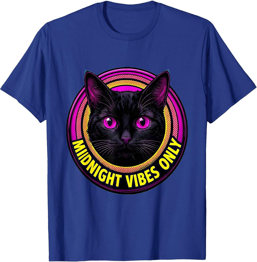 Black Cat Midnight Vibes Only Graphic Design T-Shirt - Royal Blue