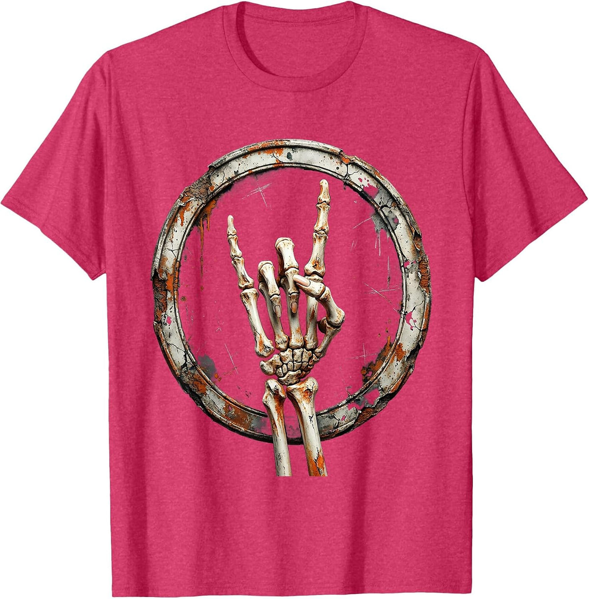 Skeletal Devil Horns Punk Rock Hand Sign T-Shirt - Red Heather
