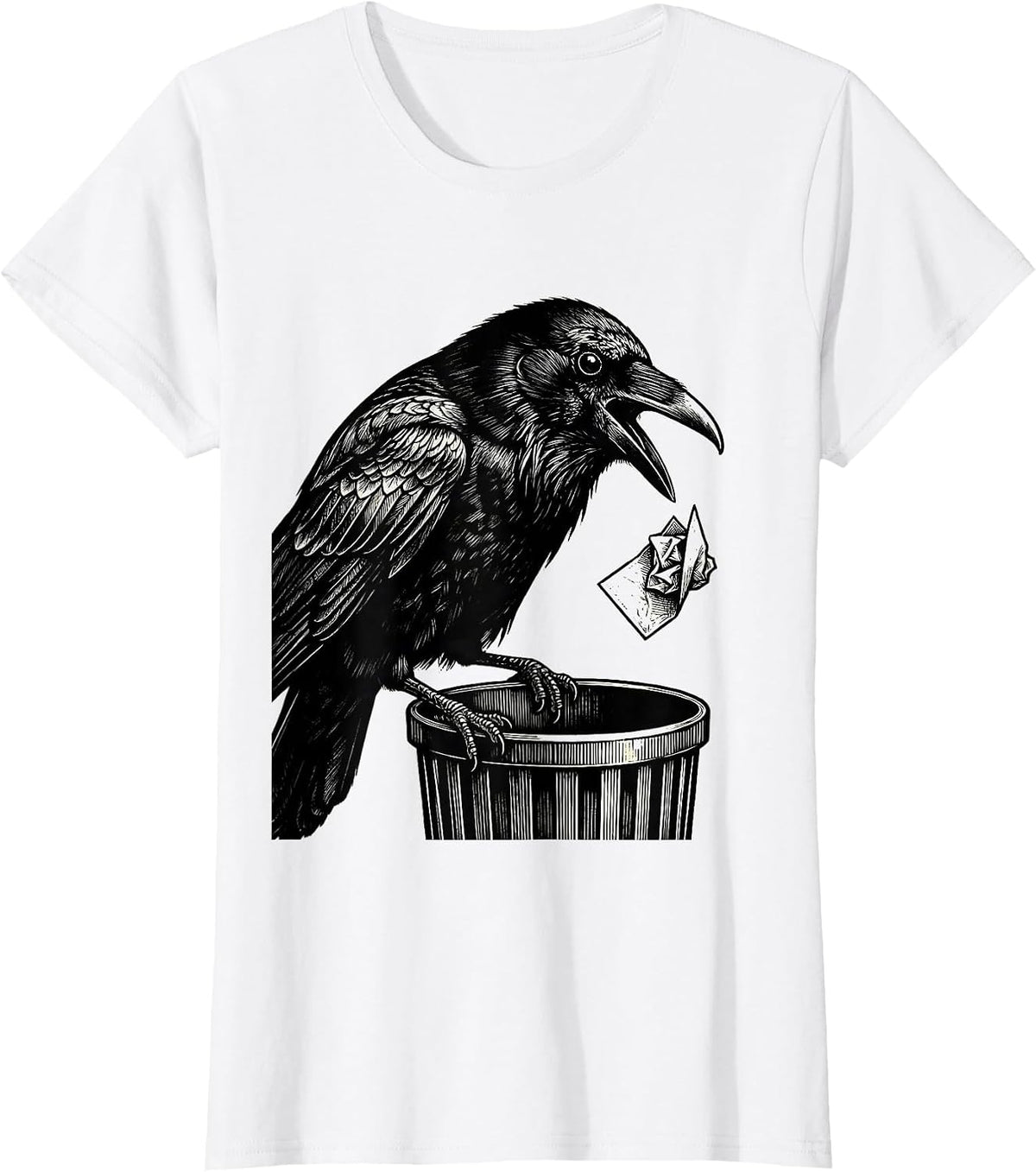 Women's Crow Dropping Pun Scratchboard Gothic Dark Humor T-Shirt - White